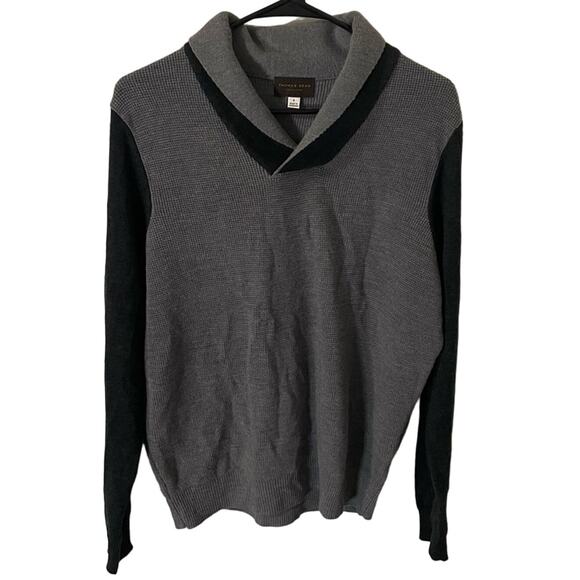Thomas Dean 100% Extra Fine Merino Wool Shawl Collar Sweater Gray Black Small - Picture 9 of 10